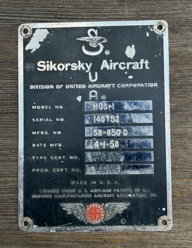 Vintage 1958 Sikorsky Aircraft Helicopter HUS-1 Metal Stamped Data Plate