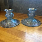 Vintage FENTON Iridescent Blue Roses Candlestick Candle Holders set of two-C
