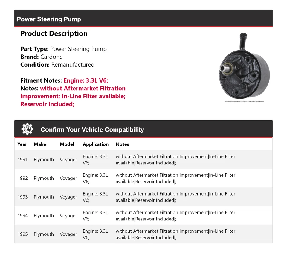 For 1991-1995 Plymouth Voyager 3.3L V6 Power Steering Pump Cardone 1992 1993 - Image 2 of 4