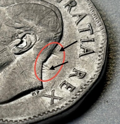 Error 1950 Canada 5 Cent Nickel Coin *Hairy Neck* Die Clash Error