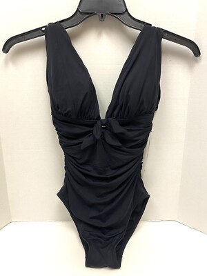 Carmen Marc Valvo Ruched OTS Bow Front Women s Sz 8 Black 1-PC Swimsuit TY-906