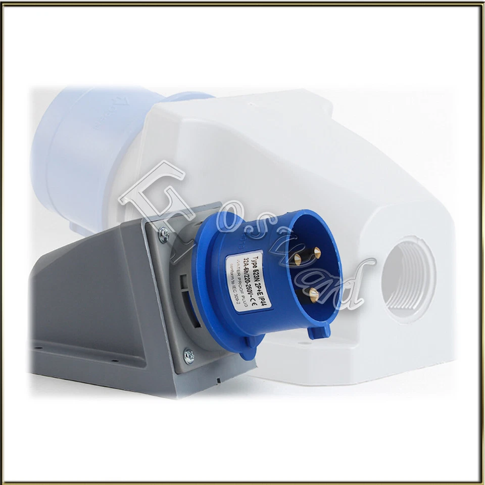 32 Amp 3 Pin 240V Blue Plug Coupler Socket Angled 2P+E 32A IP44 Surface Mounted - Image 2 of 3