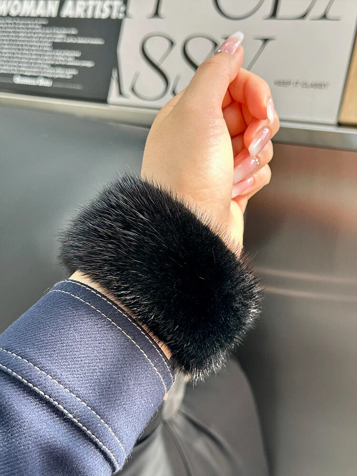 One Pair Cuffs Fingerless Stretch Real Mink Fur Gloves Sleeves Wrist Mittens - Image 4 of 4
