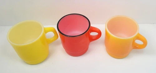 Fire King Anchor Hocking Cups Stackable D Handle Yellow Orange Red Set of 3 MCM
