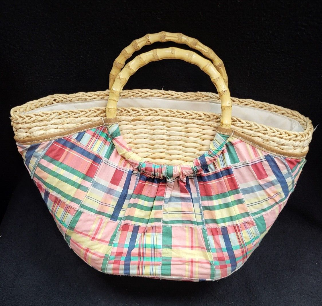 VTG John Romaine Woven Straw Ratan Basket Handbag Purse Bamboo