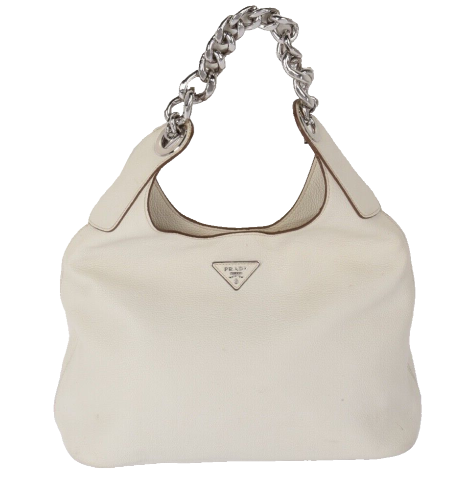 Prada Cream Leather Large Vitello Daino Chain Link Hobo Bag