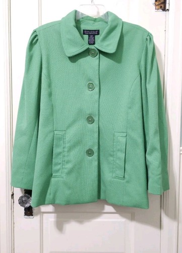 Dialogue Pea Coat Jacket Blazer Large Kelly Green Button Pockets Lined Puff Slv