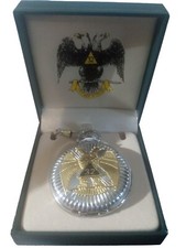 New Masonic Mason Pocket Watch Silver Tone Square  Compass. W/chain NIB   36 