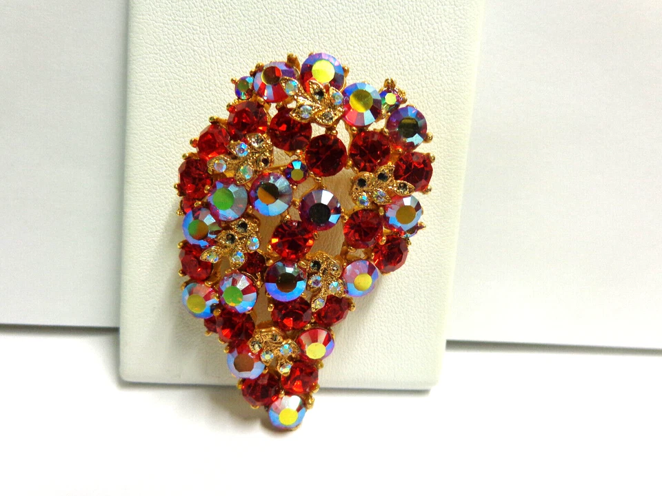 Broche/alfiler vintage piedras rojas/doradas MD EE. UU. oro met talla 2,25 en LG WGT 24,1 gramos