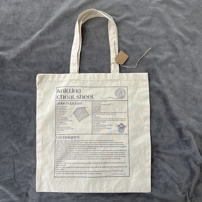 KNITTING CHEAT SHEET Tote Bag Canvas Crafter Knitter Abbreviations Techniques