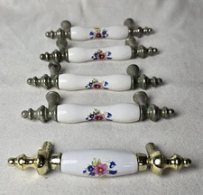 5 Amerock Allison Floral Brass White 3" Bar Cabinet Handle Drawer Pull Porcelain