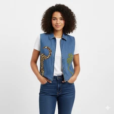 Carolina Colours Womens Elephant Palm Tree Beaded Denim Vest Size Large Safari