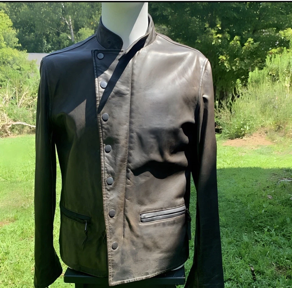 Chaqueta de cuero marrón de piel de cordero John Varvatos para hombre talla pequeña piel de oveja aviador Foto 2 de 4