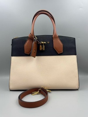 Louis Vuitton City Steamer MM Bag Beige Black Brown Leather Gold Hardware  Auth