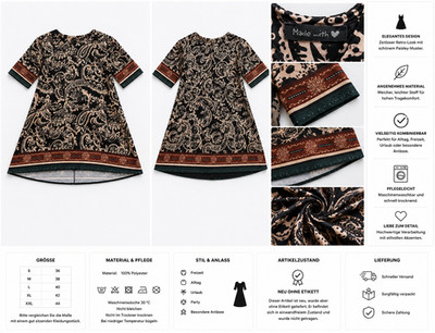Damen Tunika Kleid XL Paisley Schwarz Beige Boho Kurzarm