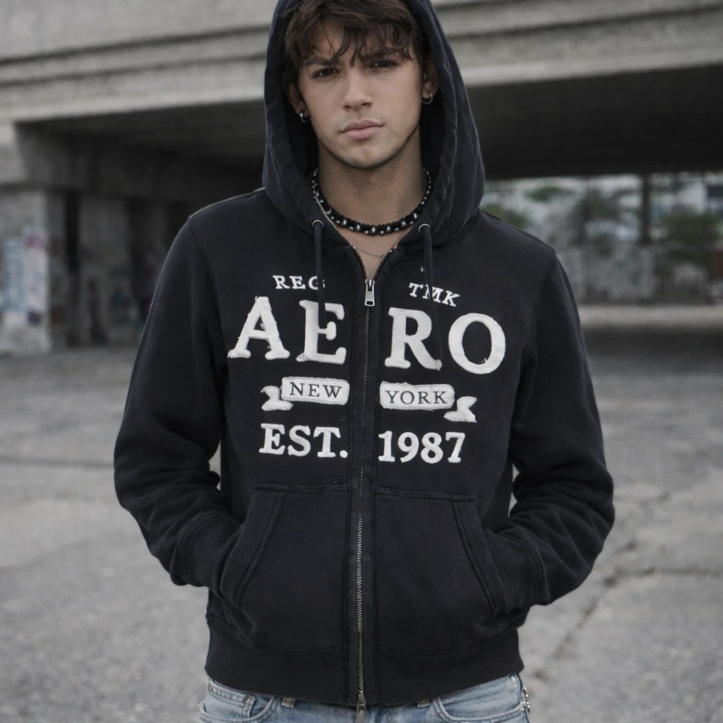 Aeropostale Hoodie MensXS Black Stitched Logo Full Zip Thermal Hood Grunge Y2K