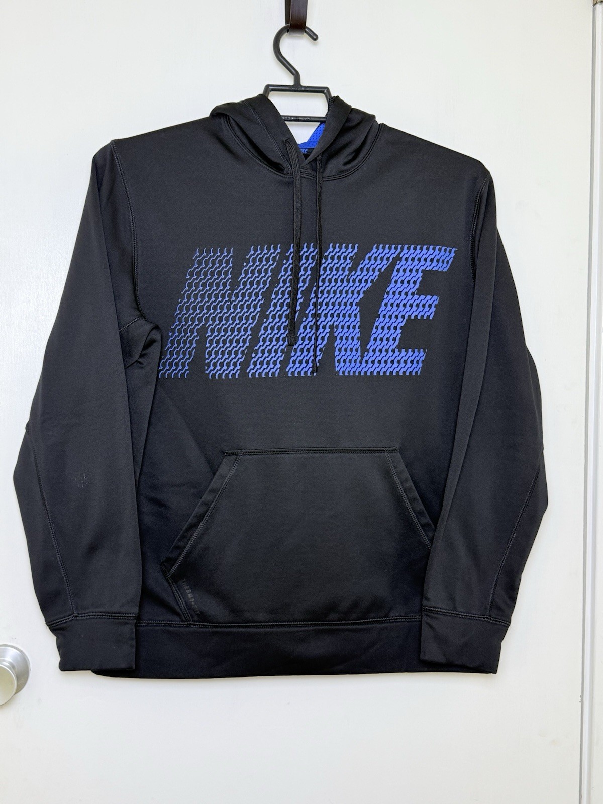 Nike Therma-Fit Spellout Pullover Hoodie Black Blue Medium