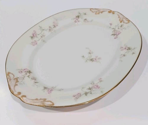M Redon PL Limoges Pink Roses Oval Serving Platter Gilt Handles Antique 1890s