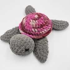 Handmade Crochet Sea Turtle Plush Pink Burgundy Variegated Shell Amigurumi 9"