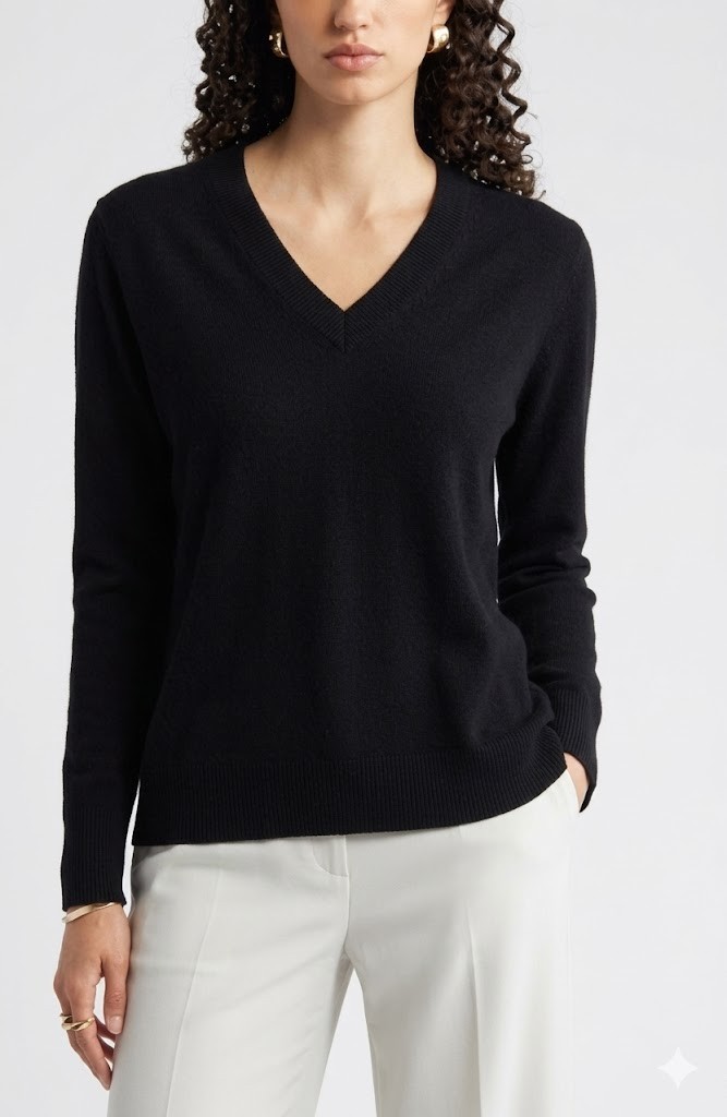 Nordstrom V-Neck Cashmere Sweater Relaxed Fit in Black Rock Size L NWT $149