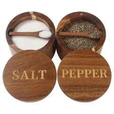 Salt Cellar, Elegant Salt and Pepper Set, 2PCS Acacia Wood Salt Container wit...