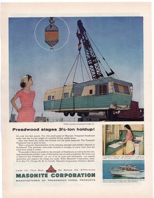 1955 Masonite Ad, Presdwood Panel Trailer Lift Mid Century Modern Building