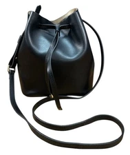 Lodis Leather Bucket Drawstring Crossbody Bag Small Black
