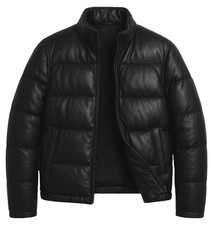 Men's Classic Black Leather Puffer Jacket Quilted Padded Winter Coat