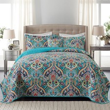 Lightweight King Size Cotton Quilt Set - Reversible Boho Pattern 3 Pieces