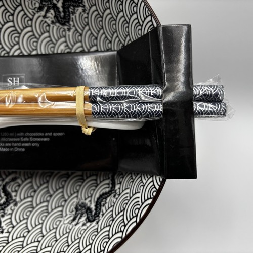 SH Home Waves Dragon Ceramic Ramen Noodle Bowl With Chopsticks And Spoon - Imagen 3 de 7