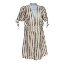Forever 21 Striped Button-Down Dress Womens L Short Puff Sleeve Tie Waist