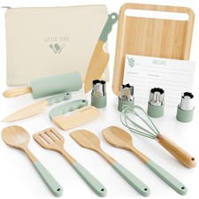 Wooden Cooking Baking Set for Kids - 2 Kid-Safe Knives, Cutting Board, Whisk