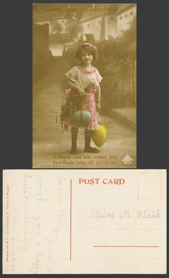 Kleines Mädchen große Eier, aufrichtige Wünsche für ein friedliches Ostern alte Farbpostkarte