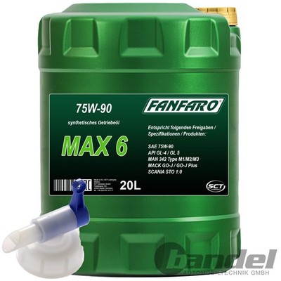 20 LITER FANFARO MAX 6 75W-90 GL-4/GL-5 SYNTHETISCHES GETRIEBEÖL + HAHN
