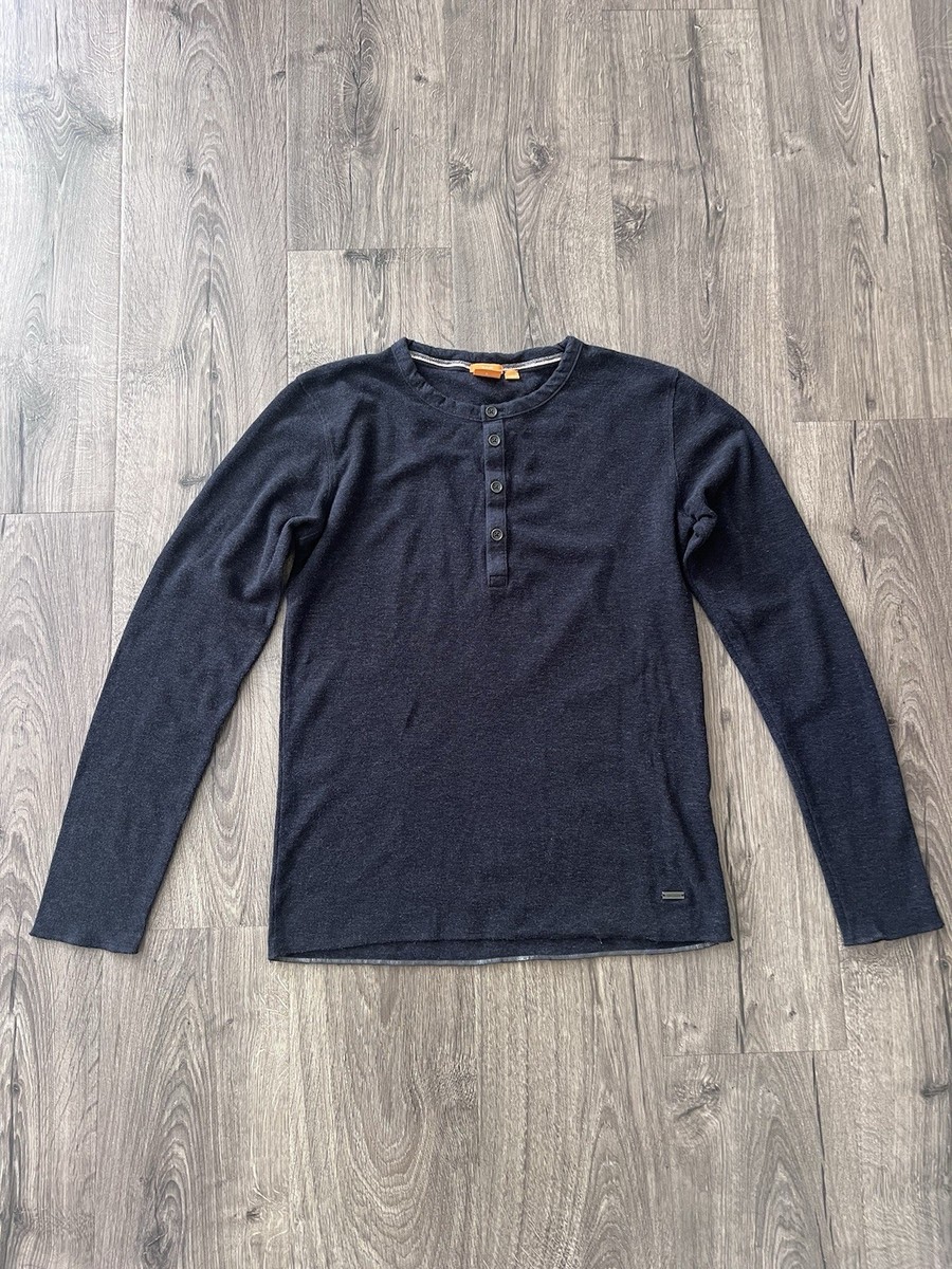 Hugo Boss Trix Slim Fit Navy Blue Long Sleeve Henley Shirt, Men's