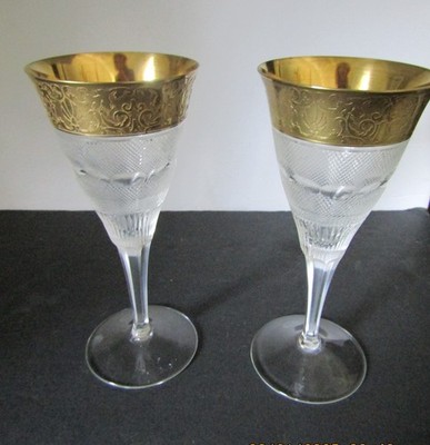 2 Moser Splendid Cut Glass w/ Gold Trim 8 3/4'' Water Glasses Czechoslovakia