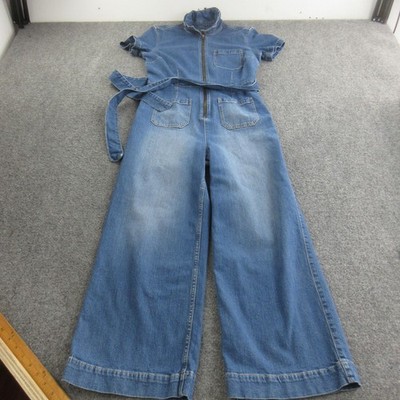 GAP Denim Jumpsuit Womens 10 Blue Short Sleeve Wide Leg Belted Zip Front