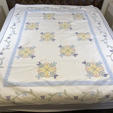Vintage 1930s Antique Applique Quilt Tulip Flower Hand Stitched Pastel 82x66