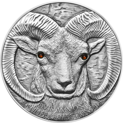 2013 Mongolia Large Silver 500 T Argali Ram-Wildlife w/Swarovski crystal