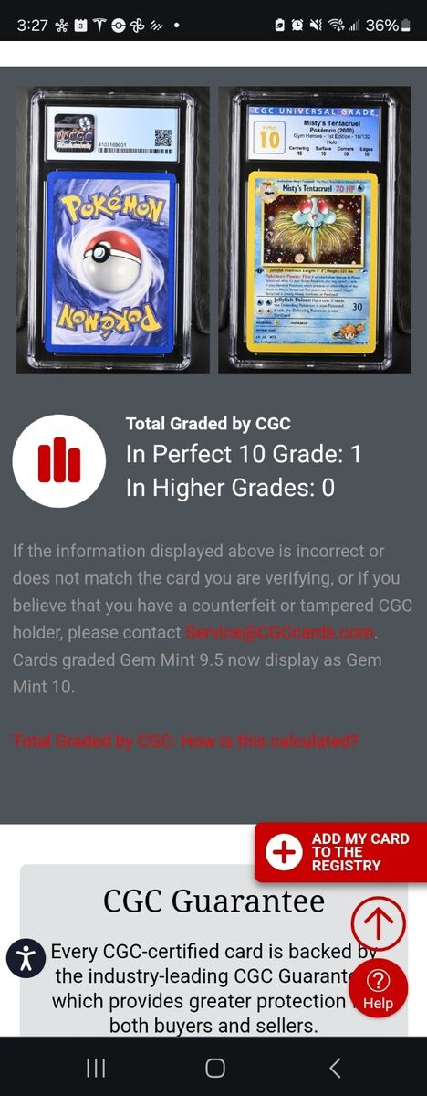 POP 1) CGC 10 PERFECT 1st Ed. Misty's Tentacruel Gym Heroes POP 1) CGC 10 PERFECT 1st Ed. Misty's Tentacruel Gym Heroes