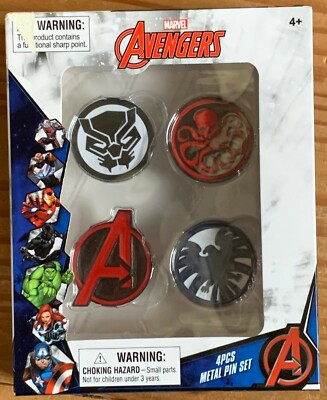 MARVEL The Avengers HERO Set of 4 Metal PINS! Hydra Wakanda Avengers Symbols