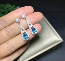 2 Ct Pear Cut Lab Created Blue Topaz Drop  Dangle Earrings 14k White Gold Over