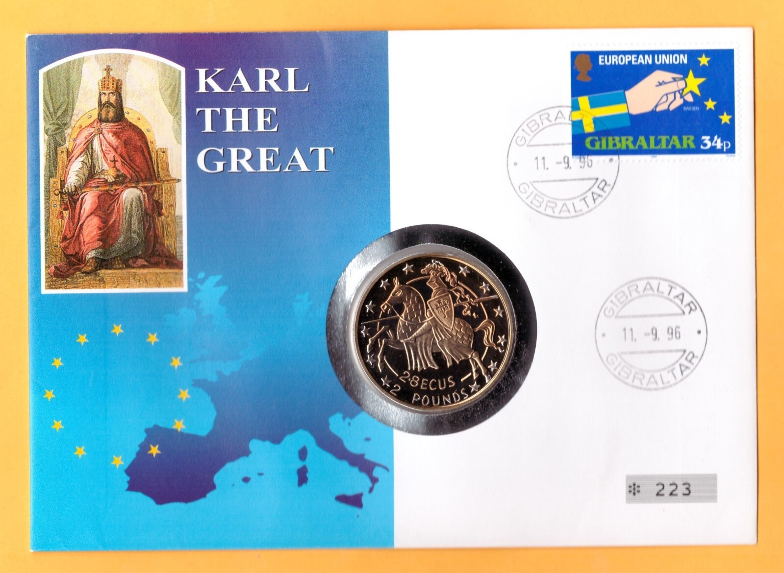 KARL DER GROSSE ** NUMISBRIEF GIBRALTAR MIT 2,8 ECUS / 2 POUNDS MÜNZE IN PP