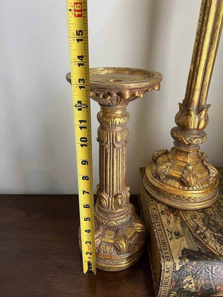 2 ORNATE ROCOCO GOLD CANDLE HOLDERS 13” & 18” TALL MATCHING SET Footed