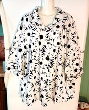 VTG WOMEN'S ALL HOURS BLACK WHITE FLORAL HEAVYWEIGHT COTTON BLOUSE PLUS SIZE 3X