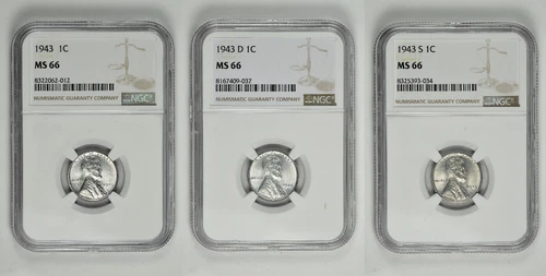 1943 P D S 1c Lincoln Steel Wheat Cent NGC MS 66 Three Coin Lot