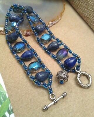 Real LAPIS LAZULI Stone and Blue AB Beads Ladder Style Silvery Toggle Bracelet!
