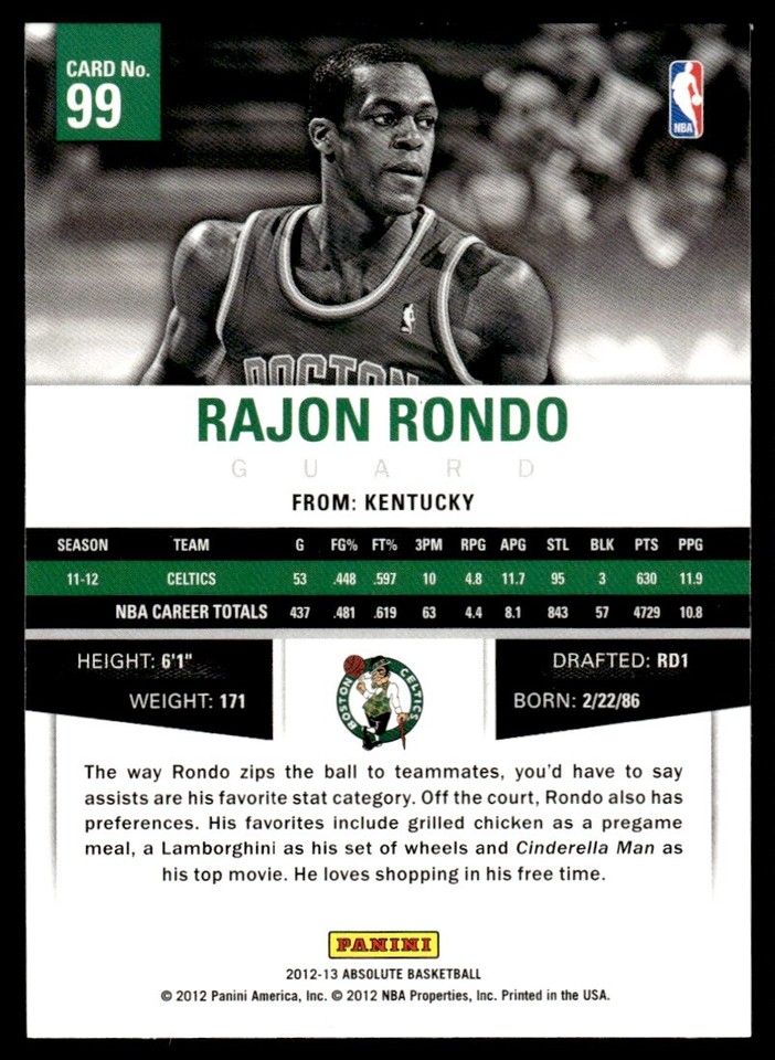2012-13 Panini Absolute Basketball Rajon Rondo Boston Celtics #99 | eBay