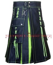 Scottish Handmade Black  Neon Green cotton Hybrid Utility Kilt - Custom Size