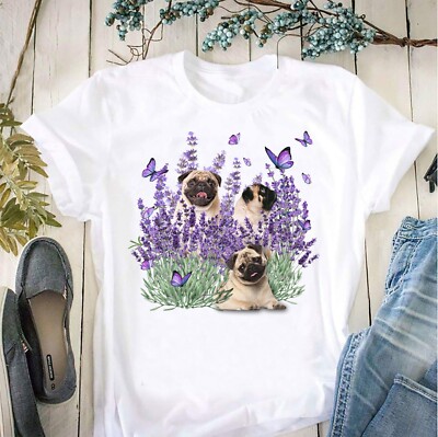 Pug and Gorgeous Purple flower T-shirt